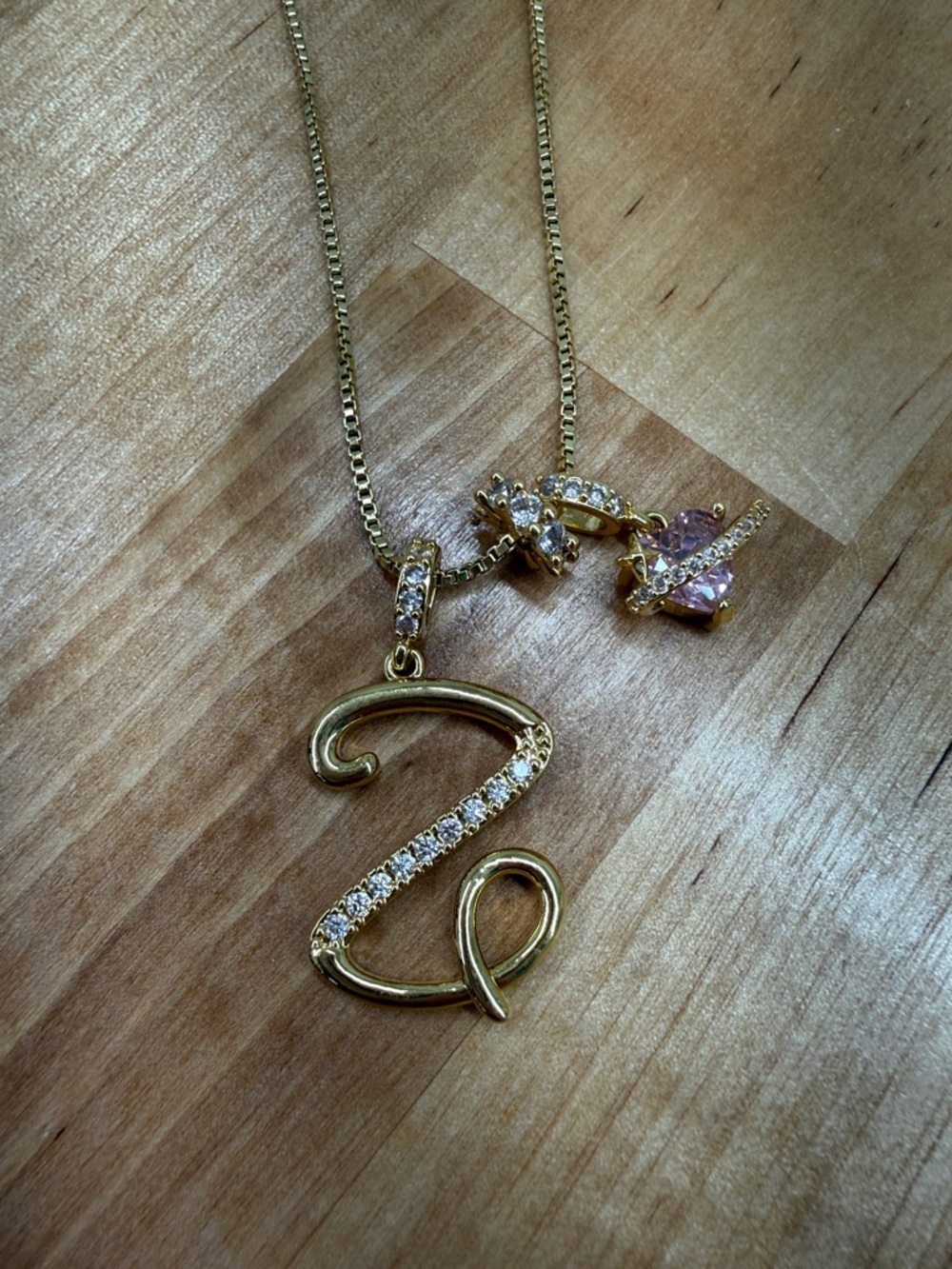 Gold Initial 'Z’ Pendant Necklace with Pink Crystal Planet Charm